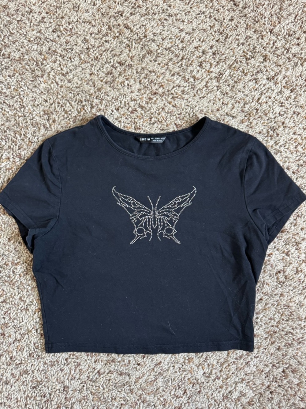 Black Short Sleeve Crop Top with Rhinestone Butterfly